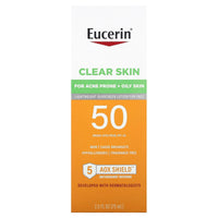 Eucerin Loción protectora solar ligera para el rostro Clear Skin, FPS 50, sin fragancia, 2,5 fl oz (75 ml)