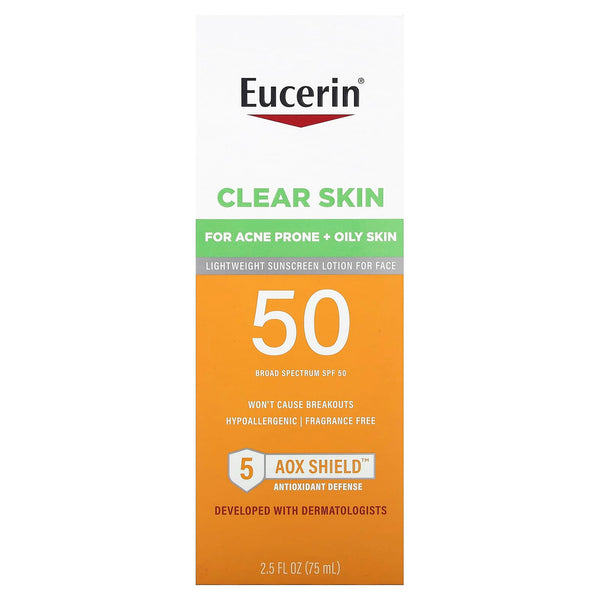 Eucerin Loción protectora solar ligera para el rostro Clear Skin, FPS 50, sin fragancia, 2,5 fl oz (75 ml)