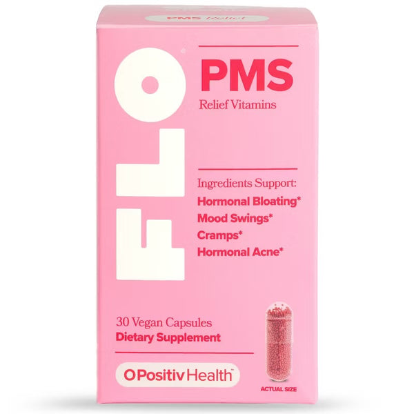 Cápsulas de vitamina O Positiv FLO PMS para mujeres con síndrome premenstrual y alivio de los síntomas menstruales, apoyo para la hinchazón y los calambres hormonales - 30 unidades